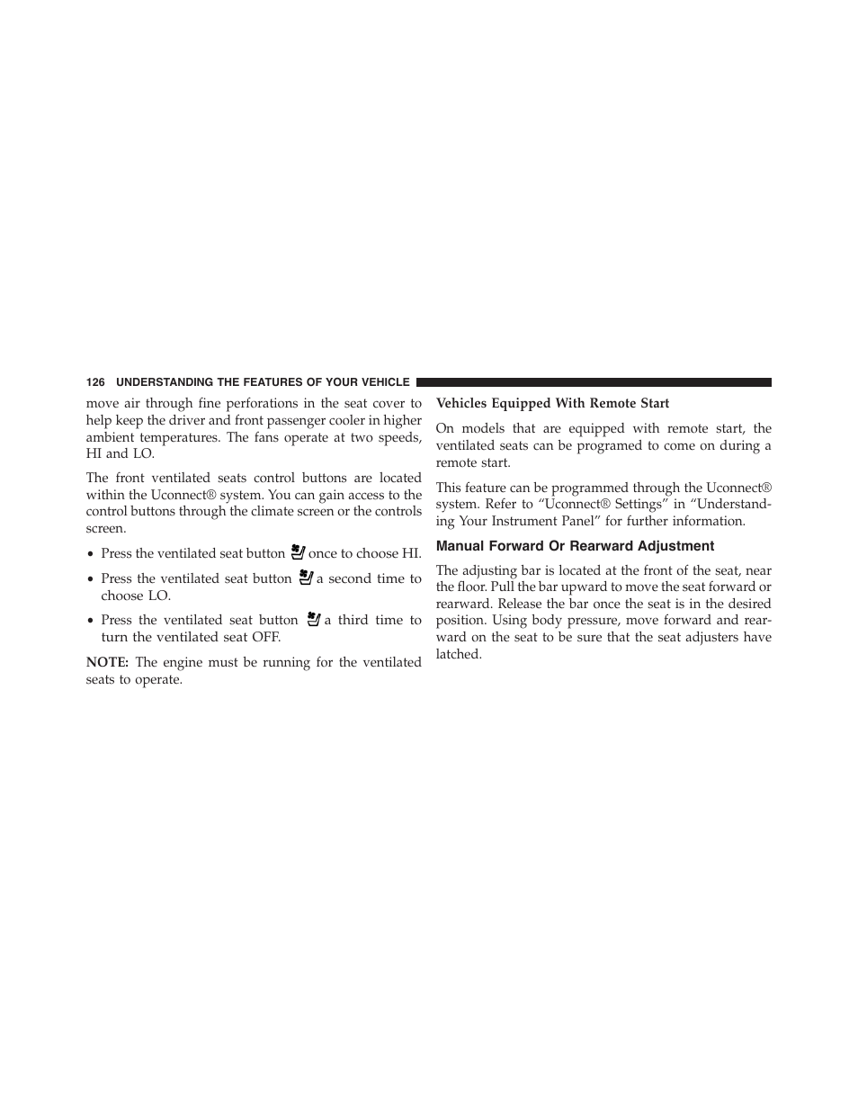 Manual forward or rearward adjustment | Dodge 2015 Challenger-SRT - Owner Manual User Manual | Page 128 / 579