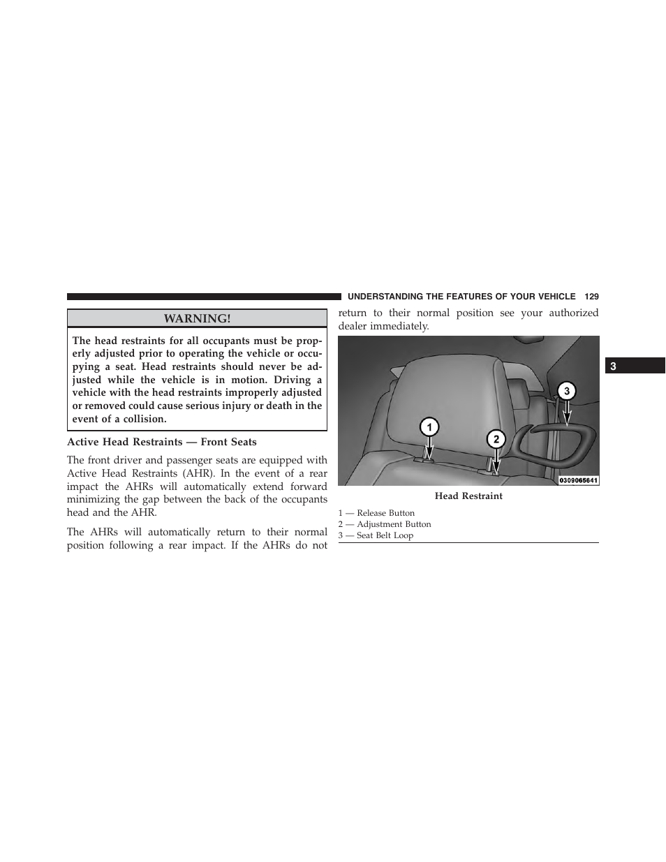 Active head restraints — front seats | Dodge 2015 Challenger-SRT - Owner Manual User Manual | Page 131 / 579