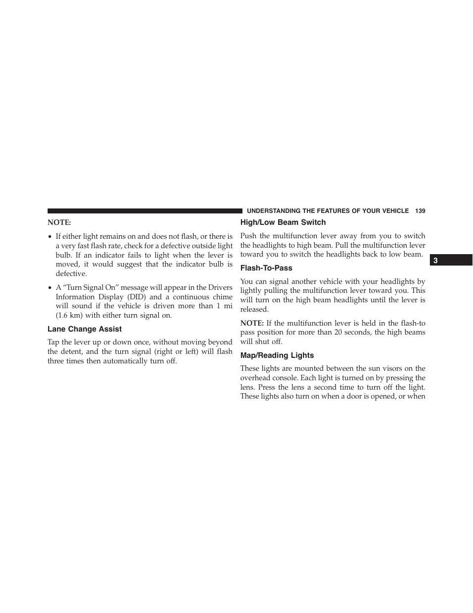 Lane change assist, High/low beam switch, Flash-to-pass | Map/reading lights | Dodge 2015 Challenger-SRT - Owner Manual User Manual | Page 141 / 579