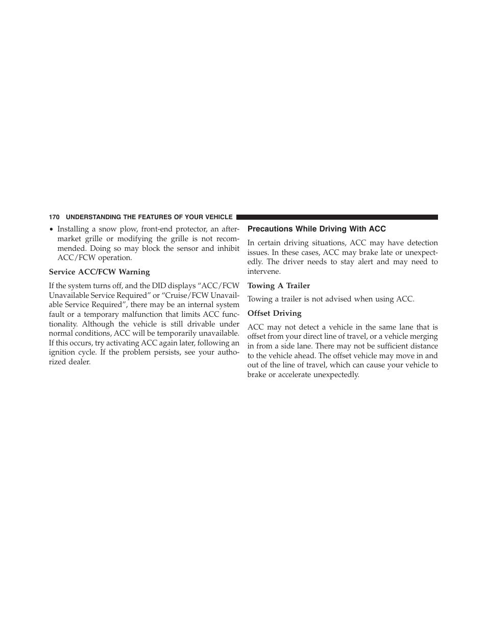 Service acc/fcw warning, Precautions while driving with acc, Towing a trailer | Offset driving | Dodge 2015 Challenger-SRT - Owner Manual User Manual | Page 172 / 579