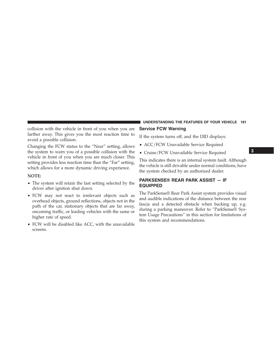 Service fcw warning, Parksense® rear park assist — if equipped, Parksense® rear park assist — if | Equipped | Dodge 2015 Challenger-SRT - Owner Manual User Manual | Page 183 / 579