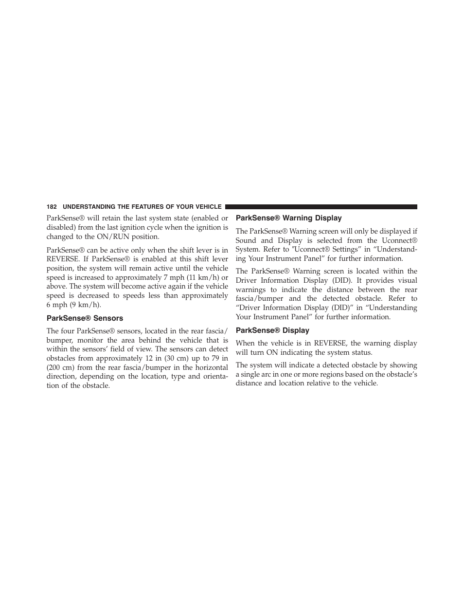 Parksense® sensors, Parksense® warning display, Parksense® display | Dodge 2015 Challenger-SRT - Owner Manual User Manual | Page 184 / 579