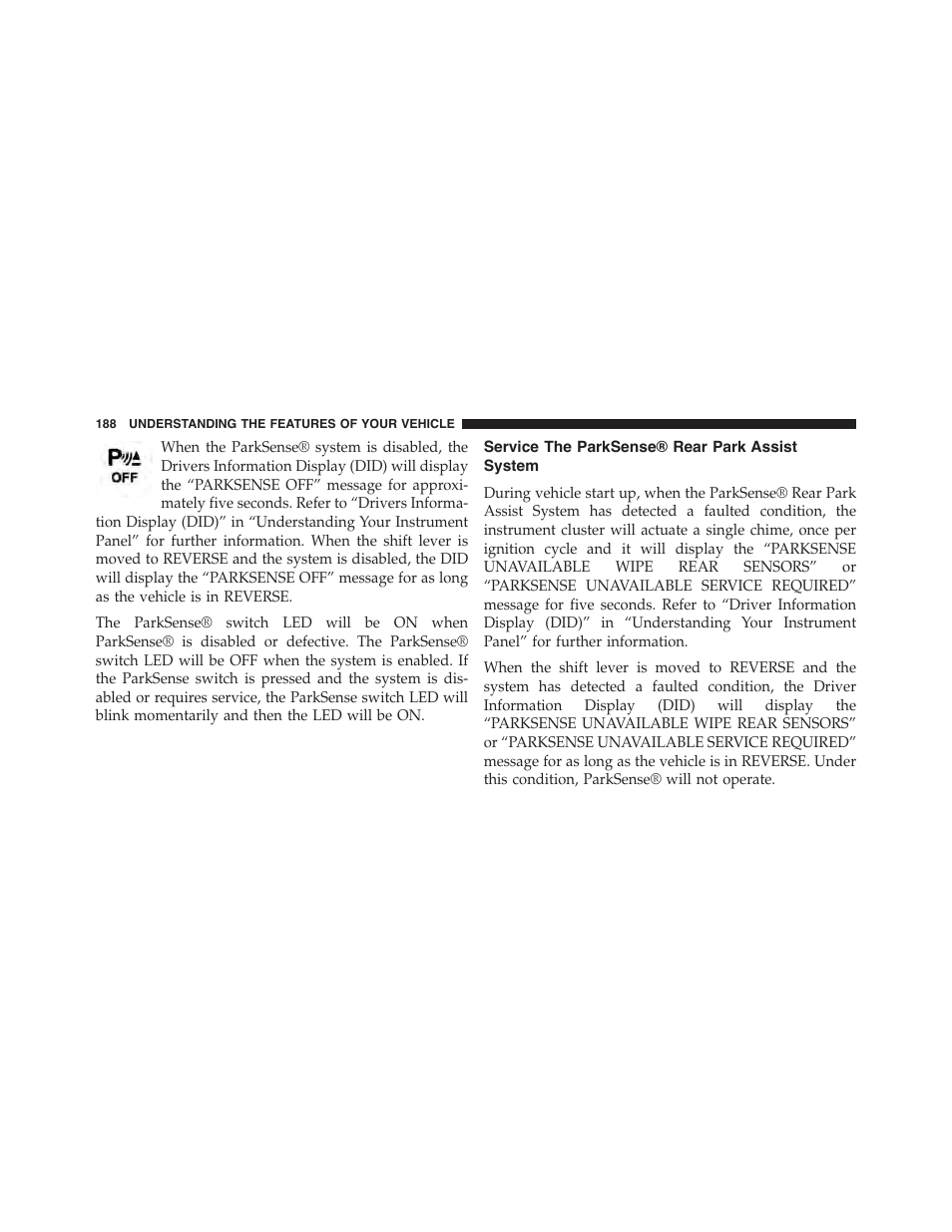 Service the parksense® rear park assist system, Service the parksense® rear park assist, System | Dodge 2015 Challenger-SRT - Owner Manual User Manual | Page 190 / 579