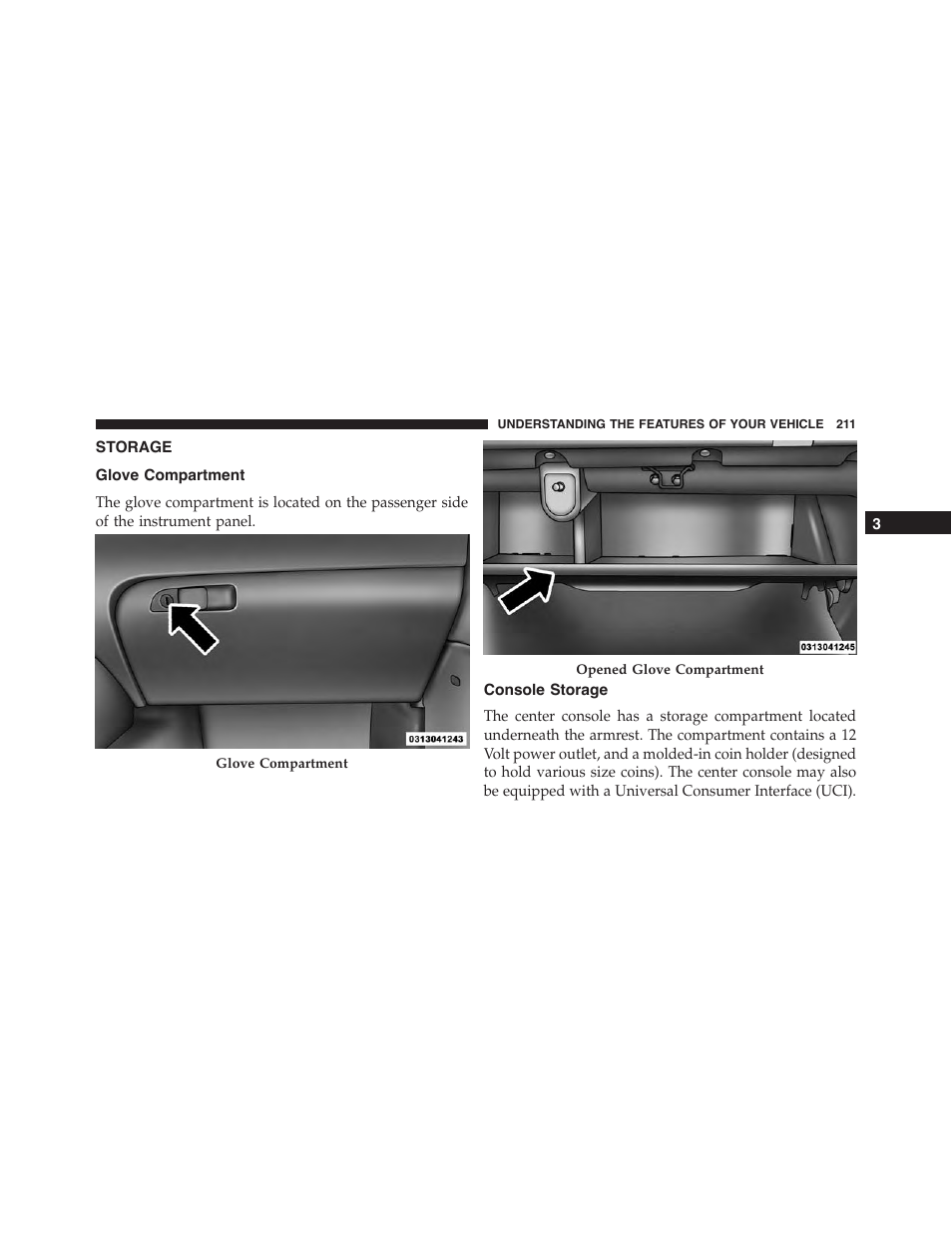 Storage, Glove compartment, Console storage | Dodge 2015 Challenger-SRT - Owner Manual User Manual | Page 213 / 579