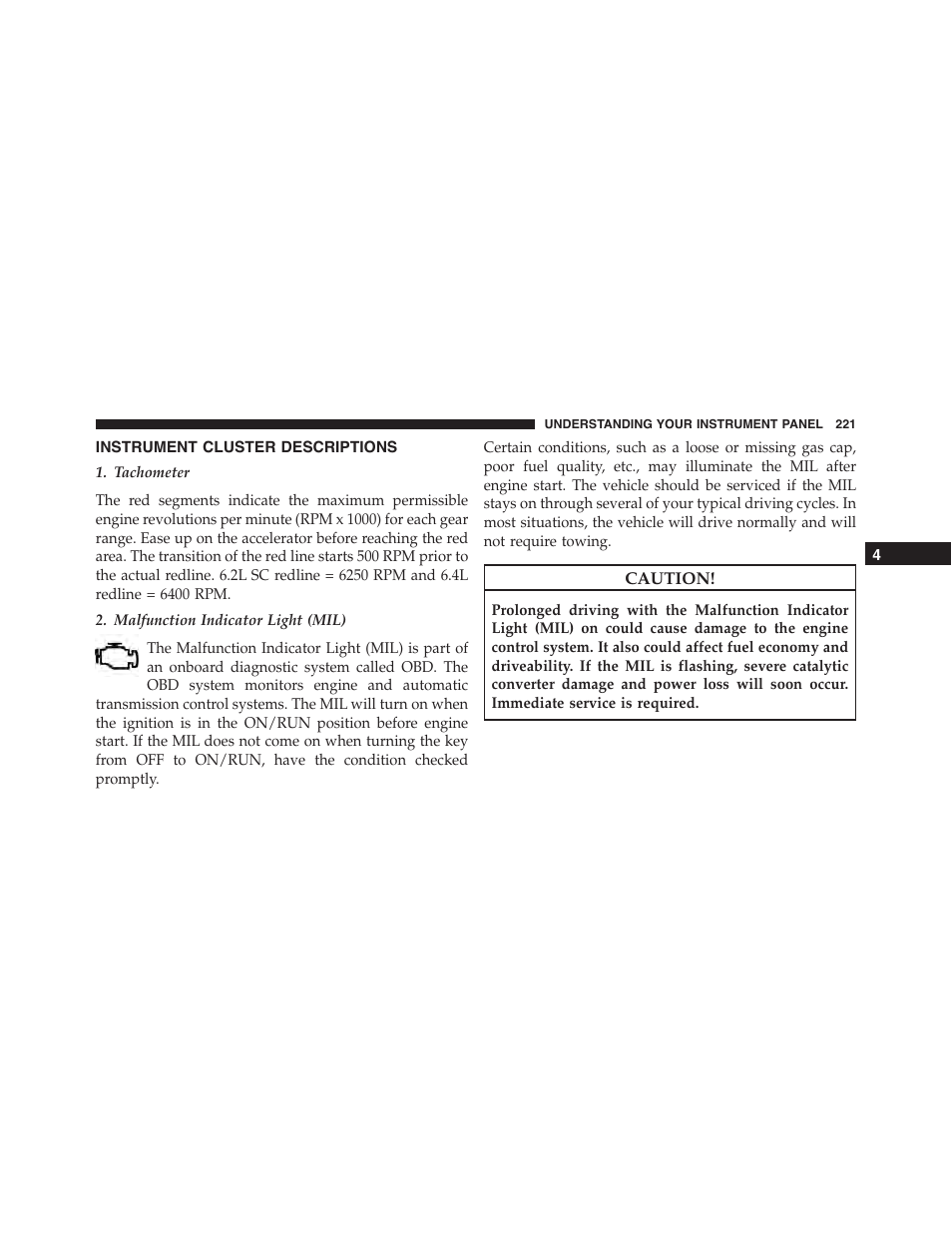 Instrument cluster descriptions | Dodge 2015 Challenger-SRT - Owner Manual User Manual | Page 223 / 579