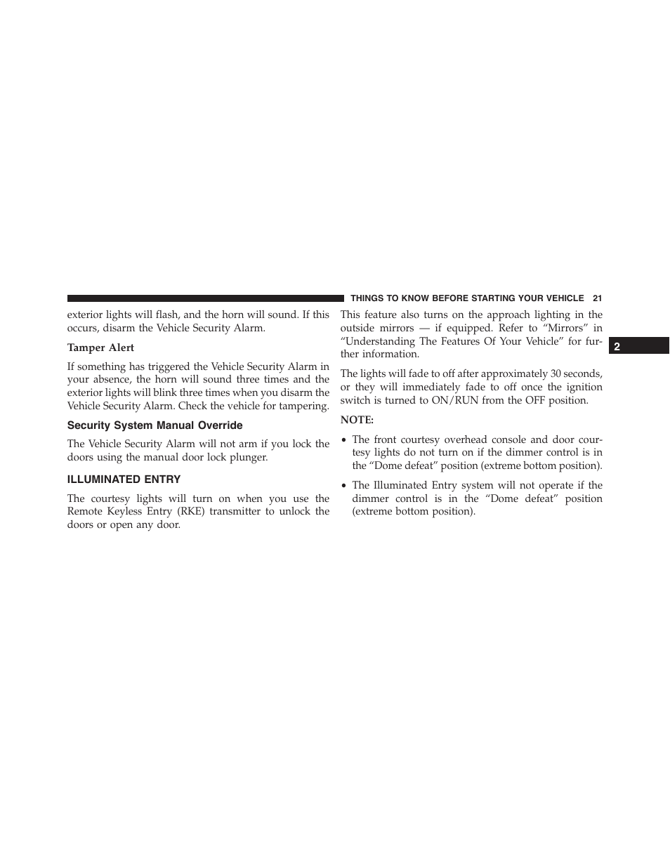 Tamper alert, Security system manual override, Illuminated entry | Dodge 2015 Challenger-SRT - Owner Manual User Manual | Page 23 / 579