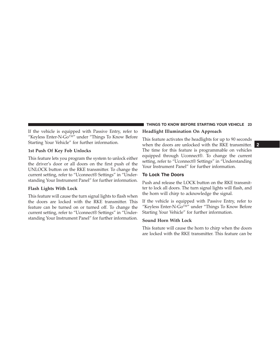 1st push of key fob unlocks, Flash lights with lock, Headlight illumination on approach | To lock the doors, Sound horn with lock | Dodge 2015 Challenger-SRT - Owner Manual User Manual | Page 25 / 579