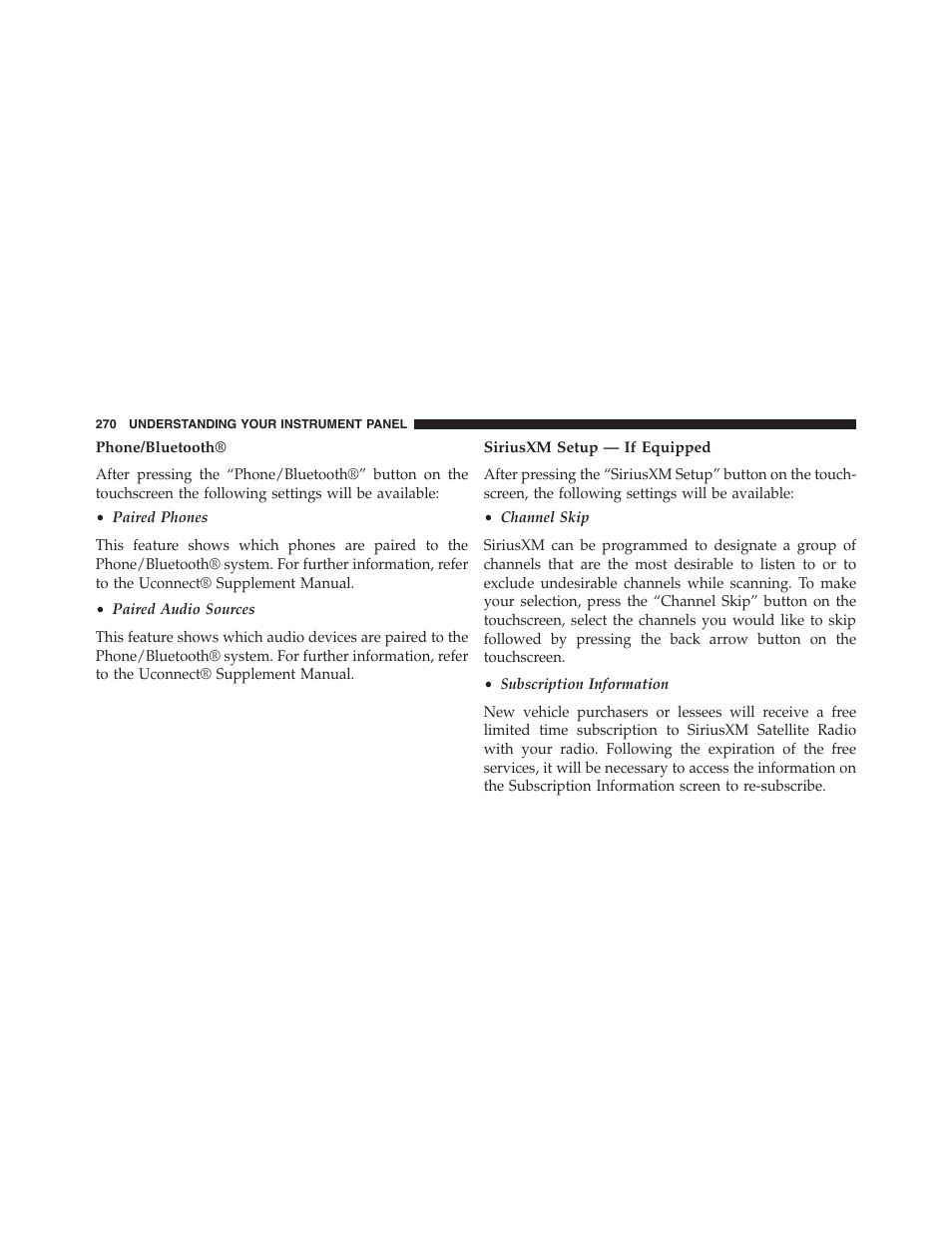 Phone/bluetooth, Siriusxm setup — if equipped | Dodge 2015 Challenger-SRT - Owner Manual User Manual | Page 272 / 579