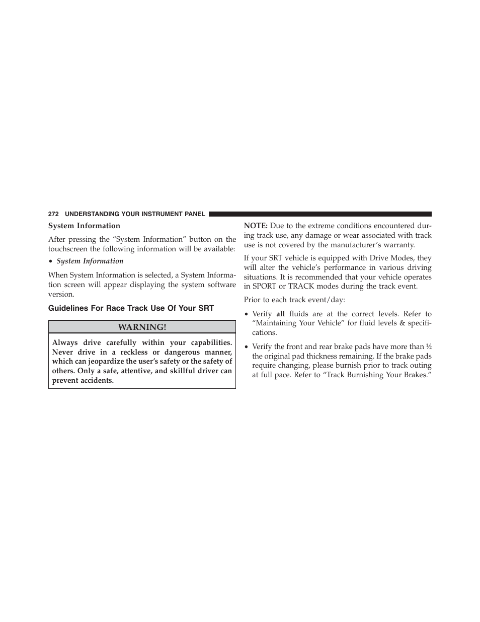 System information, Guidelines for race track use of your srt | Dodge 2015 Challenger-SRT - Owner Manual User Manual | Page 274 / 579