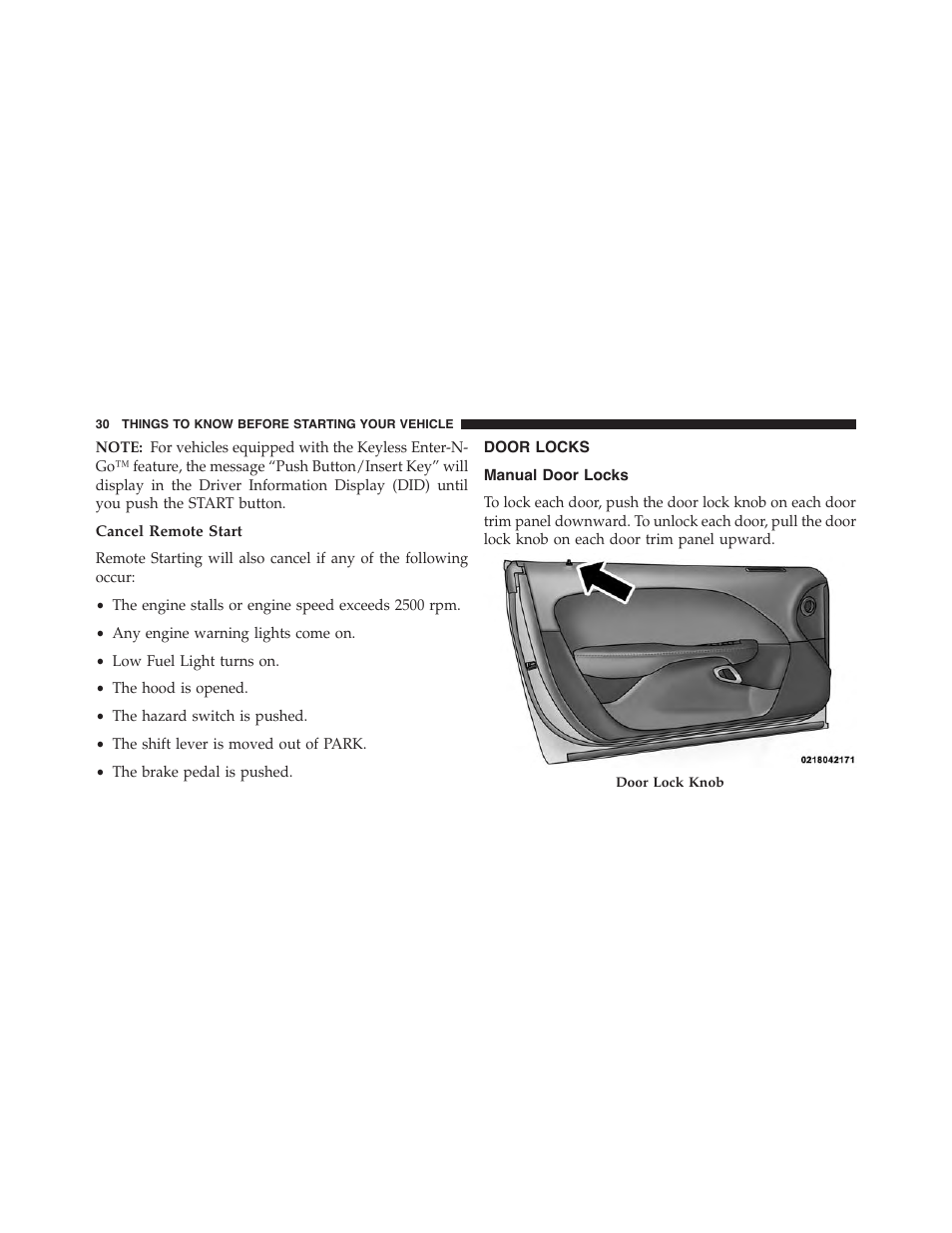 Cancel remote start, Door locks, Manual door locks | Dodge 2015 Challenger-SRT - Owner Manual User Manual | Page 32 / 579