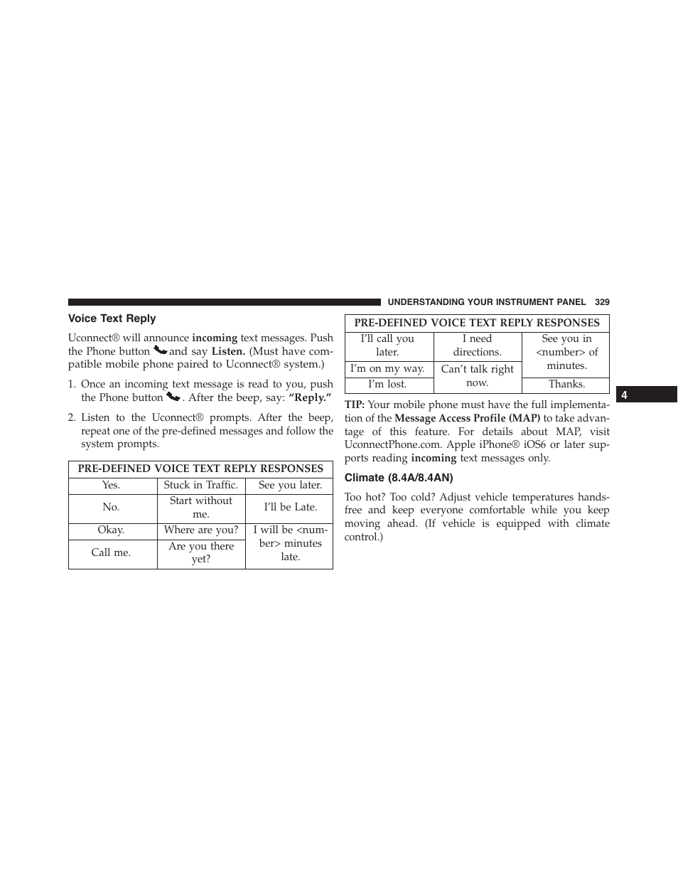 Voice text reply, Climate (8.4a/8.4an) | Dodge 2015 Challenger-SRT - Owner Manual User Manual | Page 331 / 579