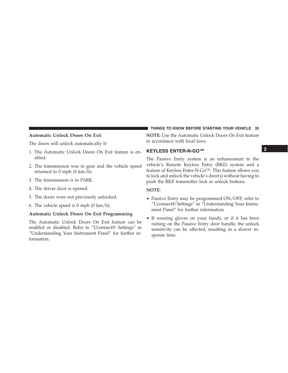 Automatic unlock doors on exit, Automatic unlock doors on exit programming, Keyless enter-n-go | Dodge 2015 Challenger-SRT - Owner Manual User Manual | Page 35 / 579