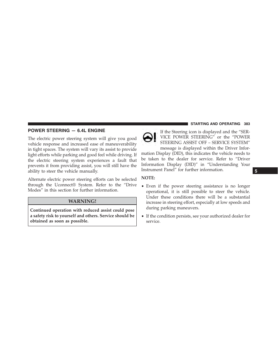 Power steering — 6.4l engine | Dodge 2015 Challenger-SRT - Owner Manual User Manual | Page 385 / 579