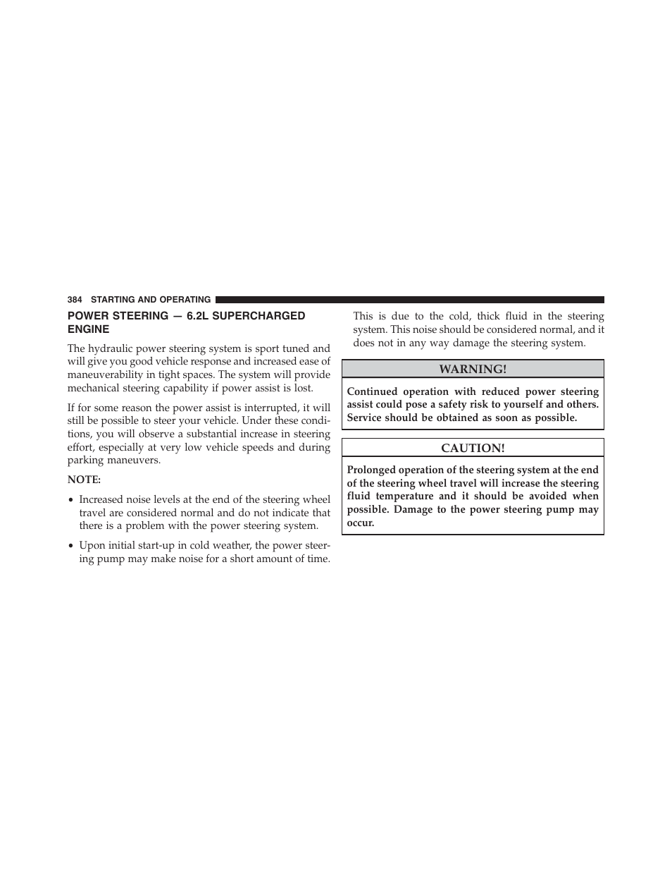 Power steering — 6.2l supercharged engine, Power steering — 6.2l supercharged, Engine | Dodge 2015 Challenger-SRT - Owner Manual User Manual | Page 386 / 579