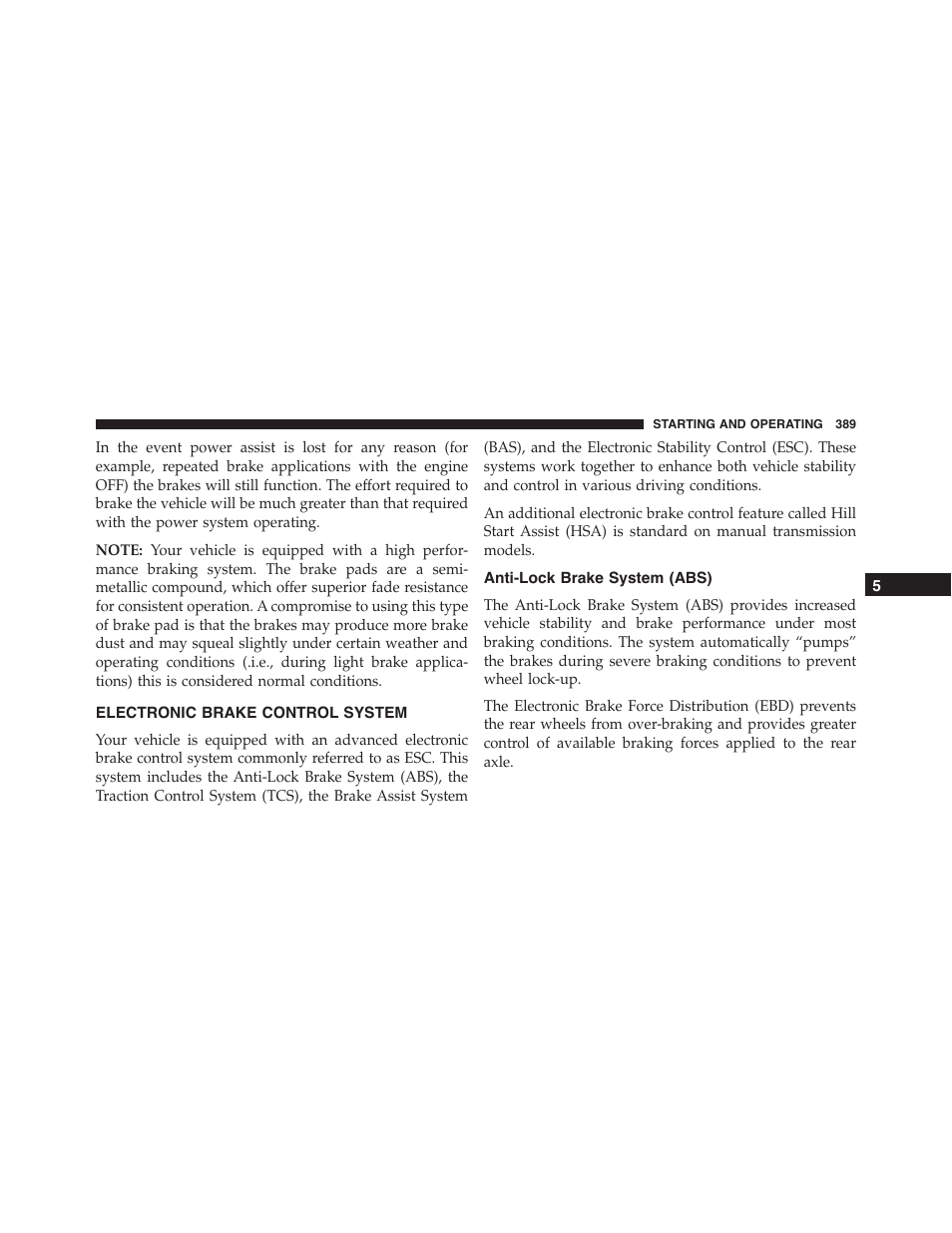 Electronic brake control system, Anti-lock brake system (abs) | Dodge 2015 Challenger-SRT - Owner Manual User Manual | Page 391 / 579