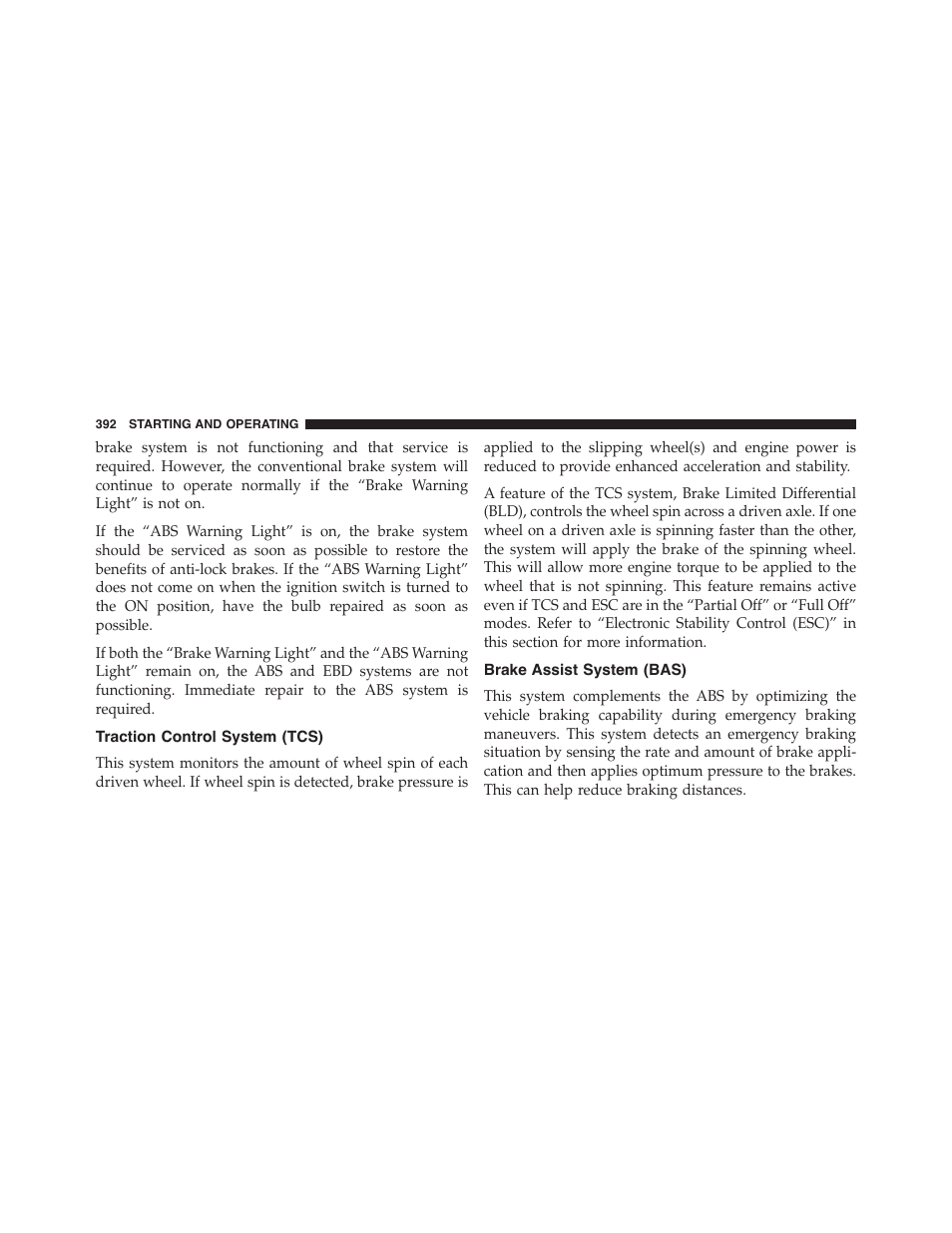 Traction control system (tcs), Brake assist system (bas) | Dodge 2015 Challenger-SRT - Owner Manual User Manual | Page 394 / 579