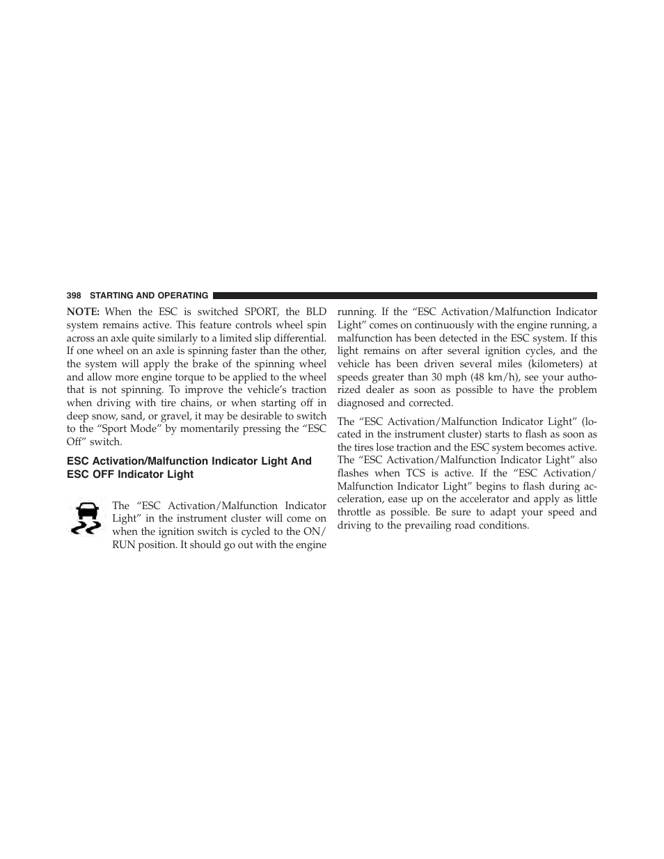 Esc activation/malfunction indicator light and, Esc off indicator light | Dodge 2015 Challenger-SRT - Owner Manual User Manual | Page 400 / 579