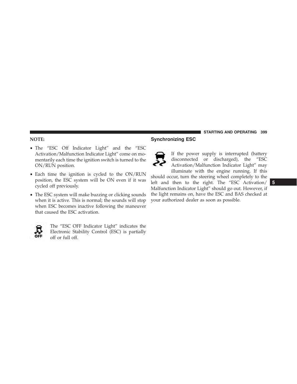 Synchronizing esc | Dodge 2015 Challenger-SRT - Owner Manual User Manual | Page 401 / 579