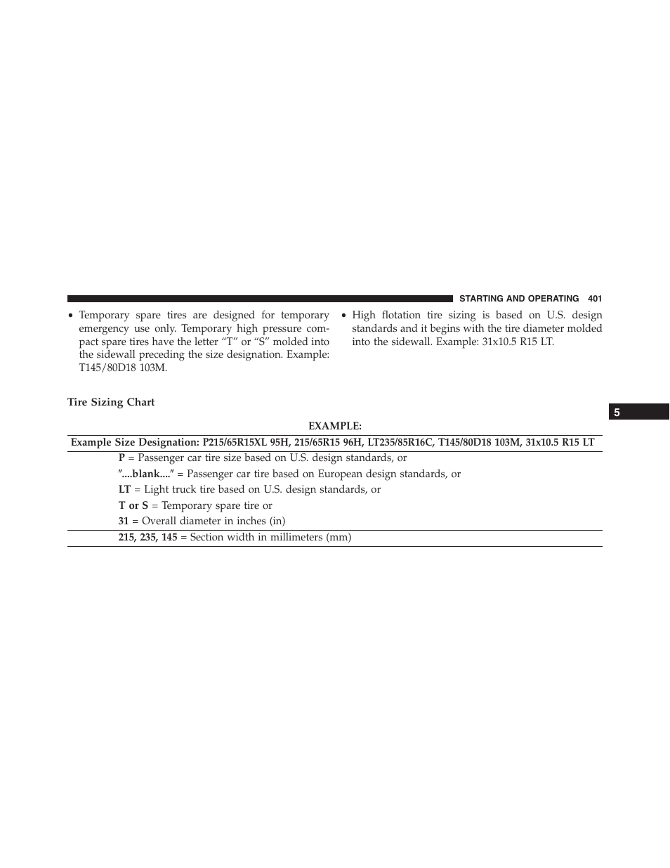Tire sizing chart | Dodge 2015 Challenger-SRT - Owner Manual User Manual | Page 403 / 579