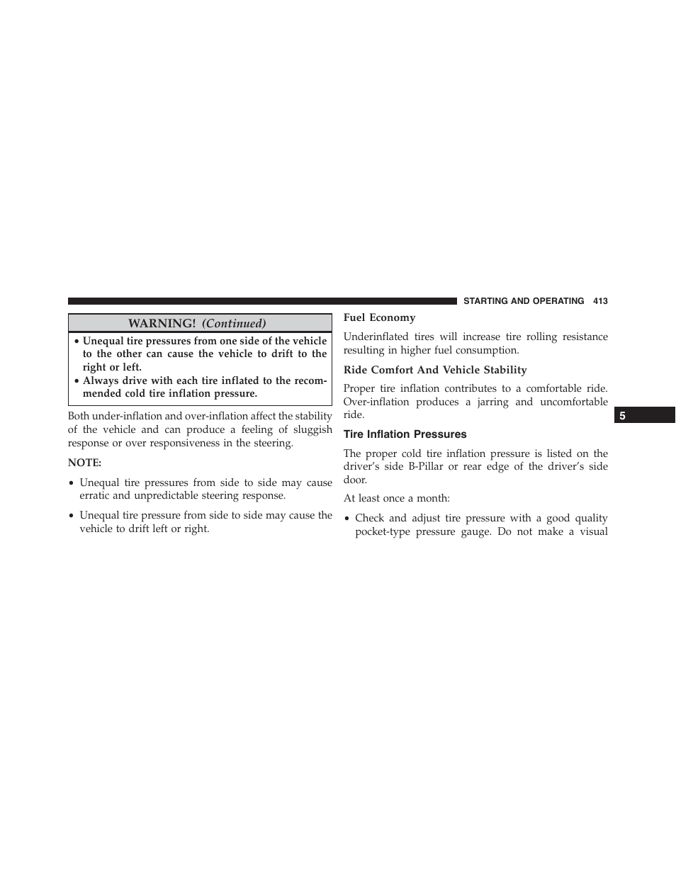 Fuel economy, Ride comfort and vehicle stability, Tire inflation pressures | Dodge 2015 Challenger-SRT - Owner Manual User Manual | Page 415 / 579