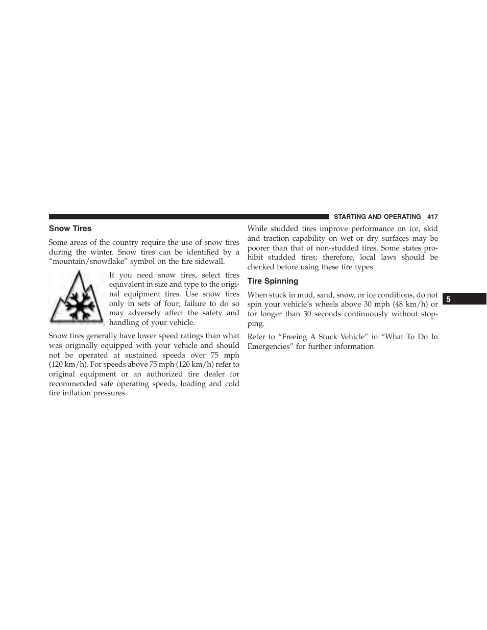 Snow tires, Tire spinning | Dodge 2015 Challenger-SRT - Owner Manual User Manual | Page 419 / 579