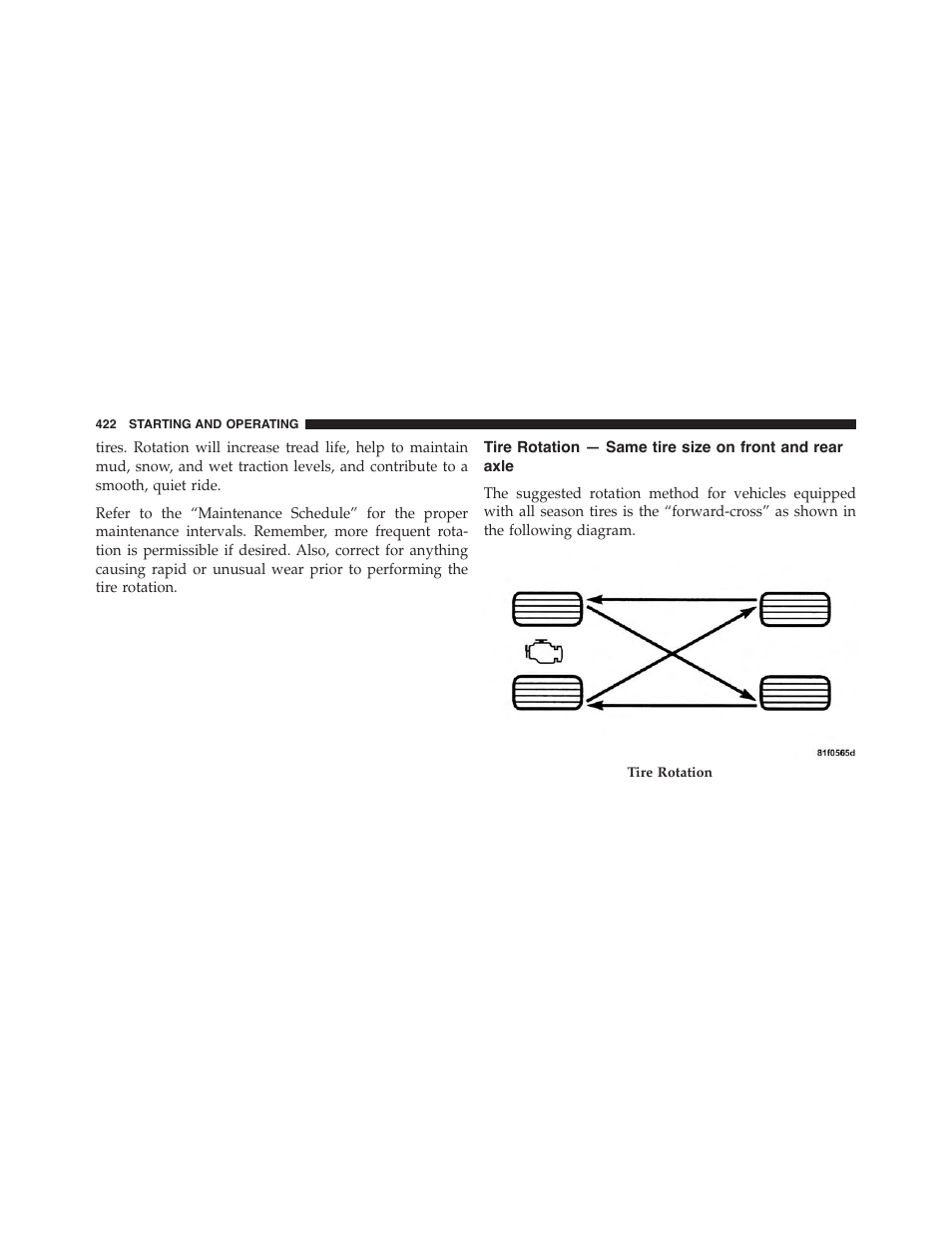 Tire rotation — same tire size on front and, Rear axle | Dodge 2015 Challenger-SRT - Owner Manual User Manual | Page 424 / 579