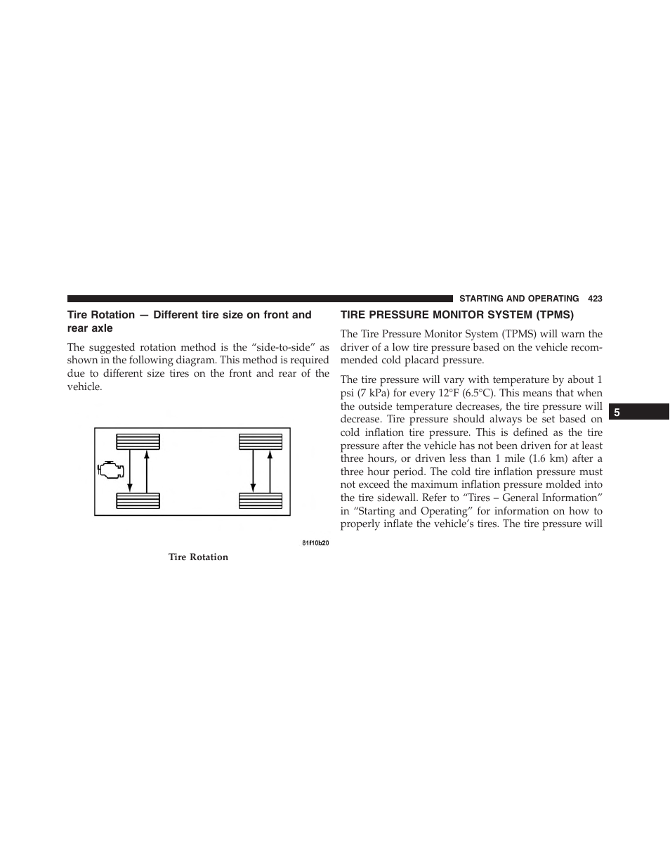 Tire pressure monitor system (tpms), Tire rotation — different tire size on front and, Rear axle | Dodge 2015 Challenger-SRT - Owner Manual User Manual | Page 425 / 579