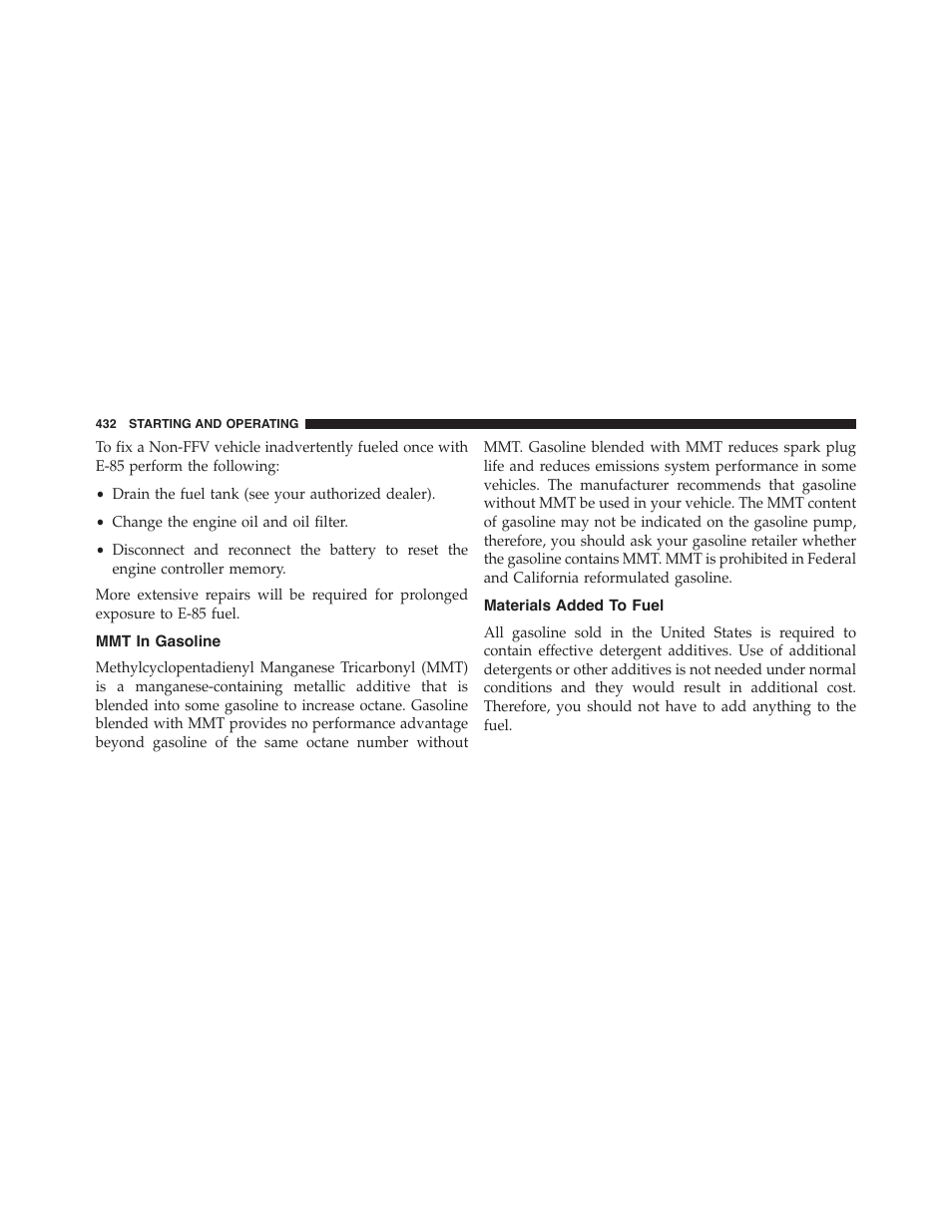 Mmt in gasoline, Materials added to fuel | Dodge 2015 Challenger-SRT - Owner Manual User Manual | Page 434 / 579