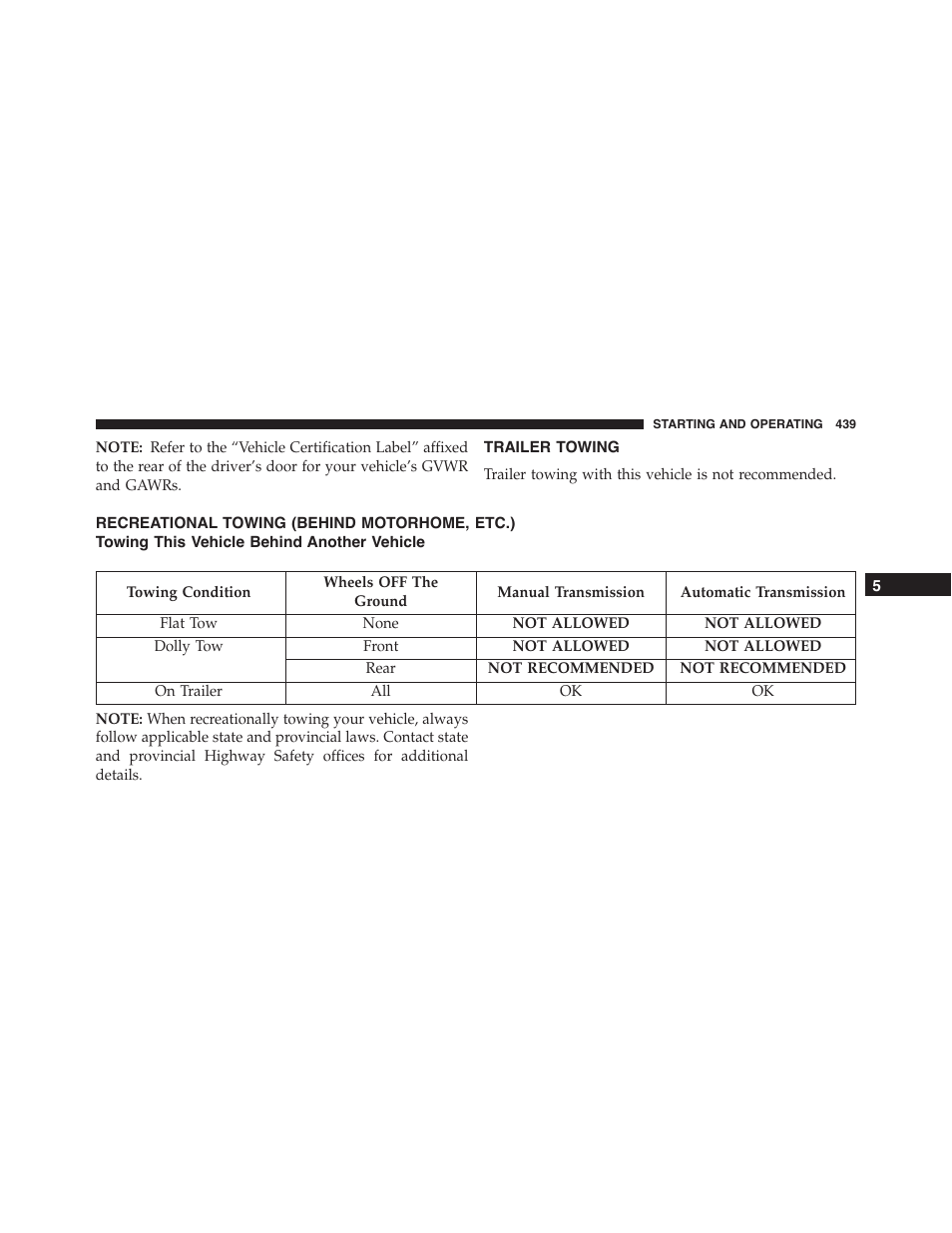 Trailer towing, Recreational towing (behind motorhome, etc.), Towing this vehicle behind another vehicle | Recreational towing (behind, Motorhome, etc.) | Dodge 2015 Challenger-SRT - Owner Manual User Manual | Page 441 / 579