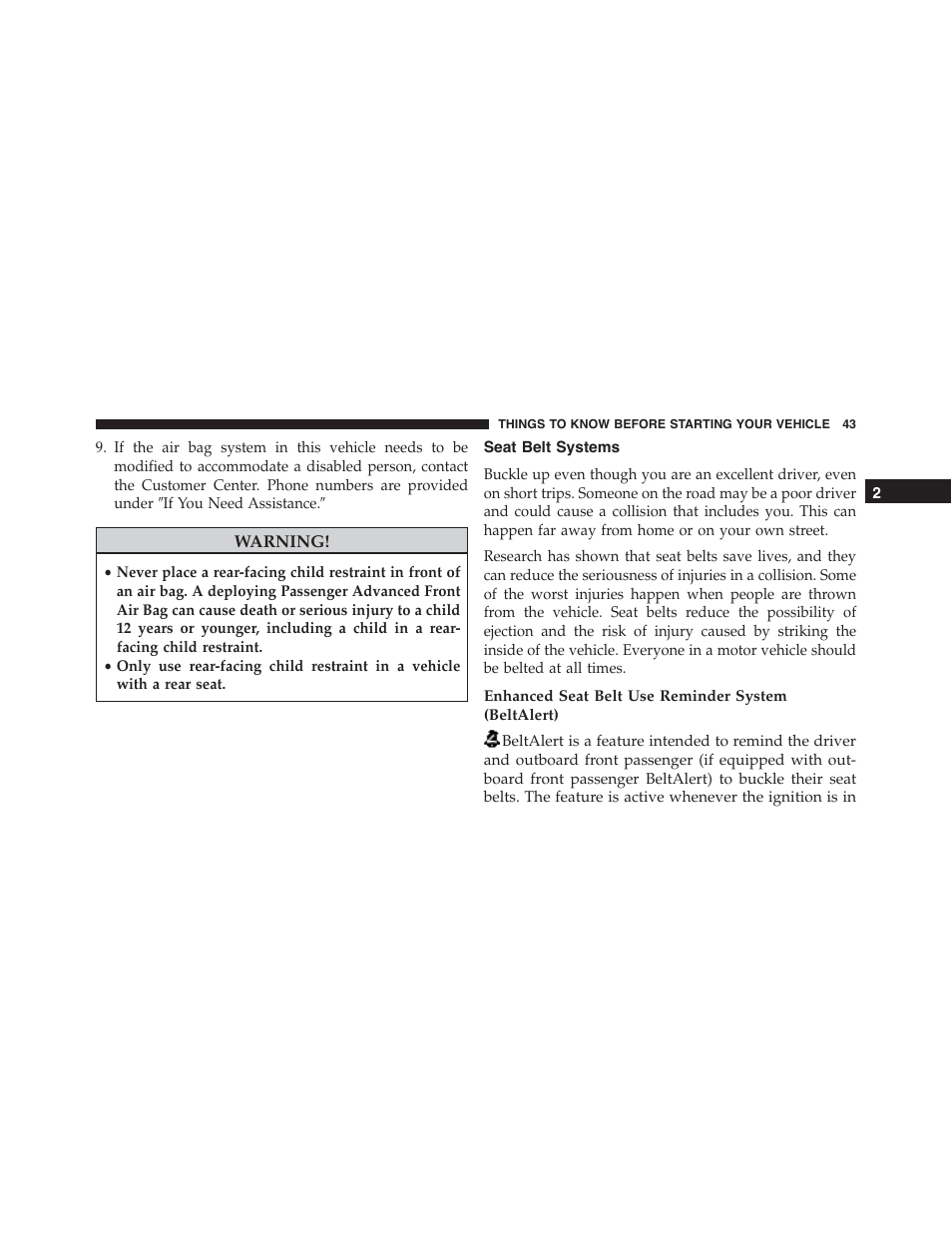 Seat belt systems, Enhanced seat belt use reminder system (beltalert) | Dodge 2015 Challenger-SRT - Owner Manual User Manual | Page 45 / 579