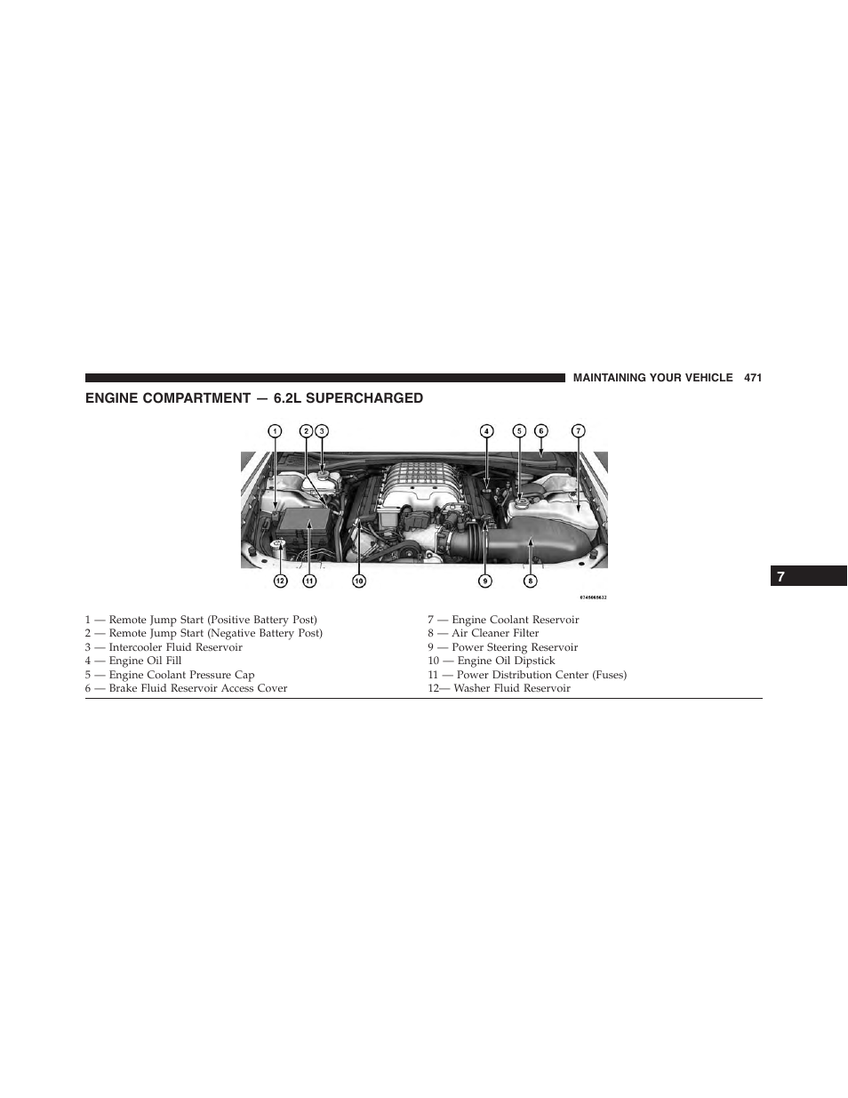 Engine compartment — 6.2l supercharged, Engine compartment — 6.2l, Supercharged | Dodge 2015 Challenger-SRT - Owner Manual User Manual | Page 473 / 579