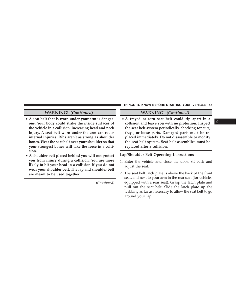 Lap/shoulder belt operating instructions | Dodge 2015 Challenger-SRT - Owner Manual User Manual | Page 49 / 579