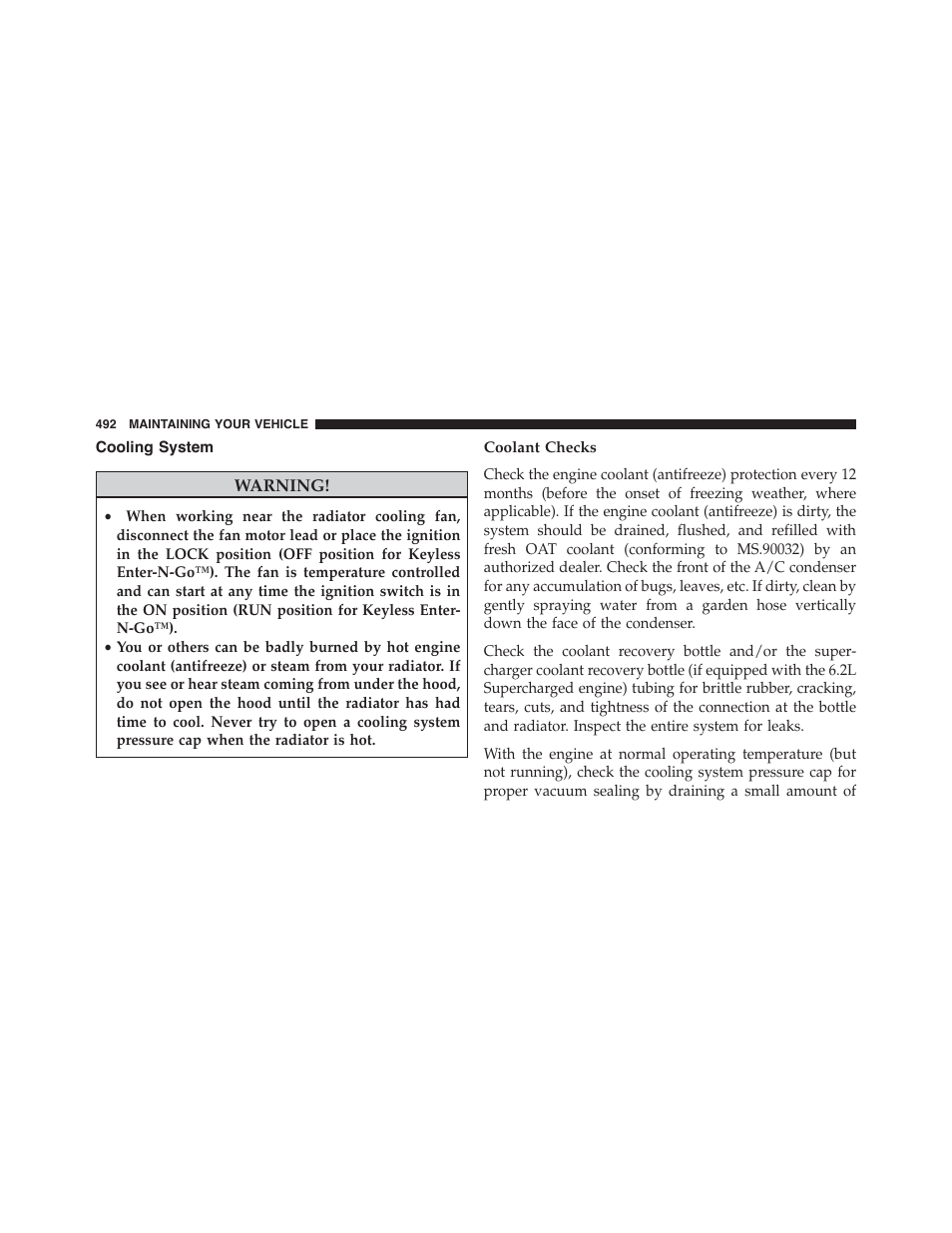 Cooling system, Coolant checks | Dodge 2015 Challenger-SRT - Owner Manual User Manual | Page 494 / 579