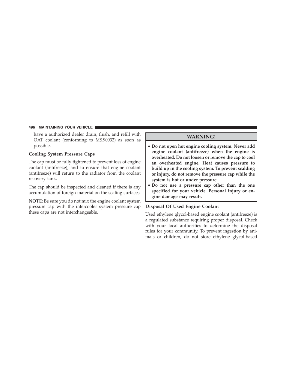 Cooling system pressure caps, Disposal of used engine coolant | Dodge 2015 Challenger-SRT - Owner Manual User Manual | Page 498 / 579