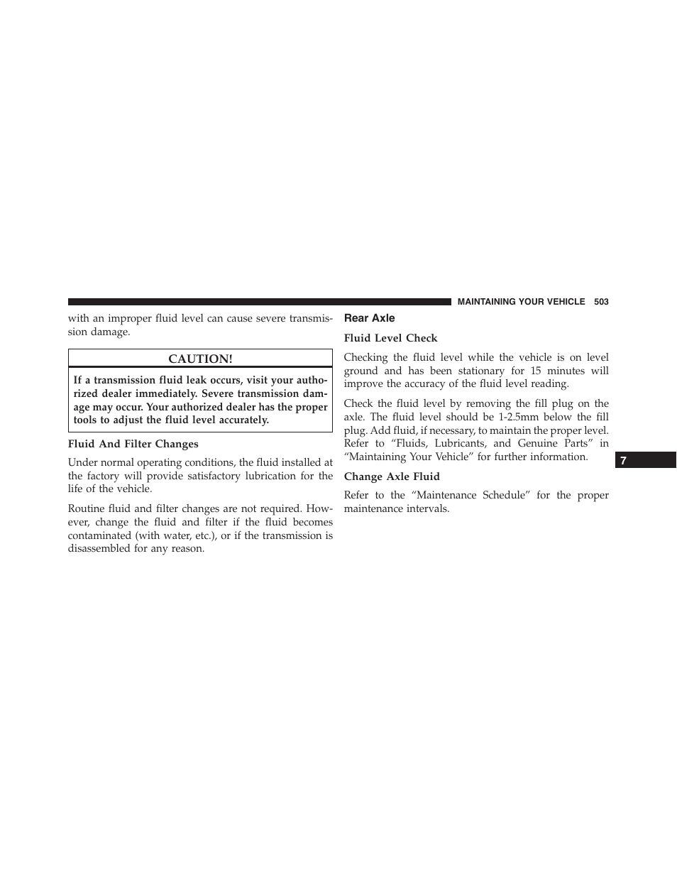 Fluid and filter changes, Rear axle, Fluid level check | Change axle fluid | Dodge 2015 Challenger-SRT - Owner Manual User Manual | Page 505 / 579