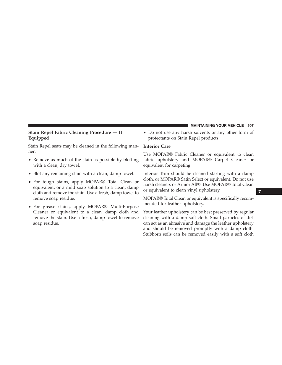 Interior care | Dodge 2015 Challenger-SRT - Owner Manual User Manual | Page 509 / 579