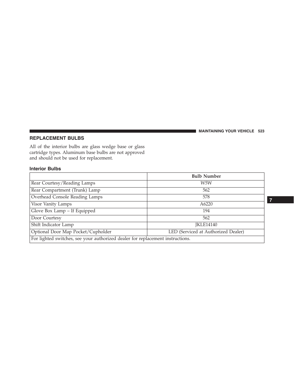 Replacement bulbs | Dodge 2015 Challenger-SRT - Owner Manual User Manual | Page 525 / 579