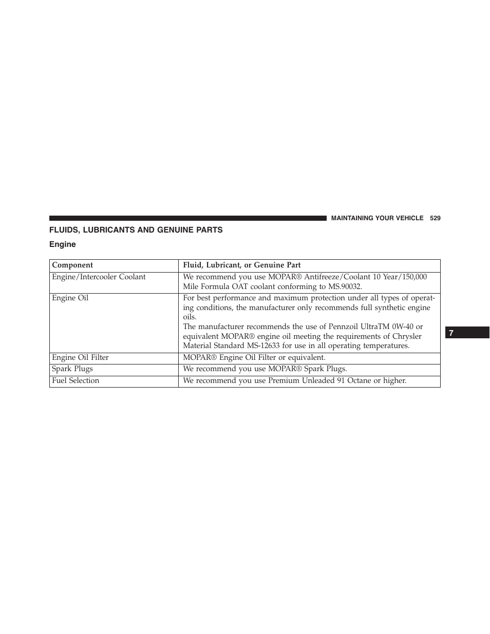 Fluids, lubricants and genuine parts, Engine, Fluids, lubricants and genuine | Parts | Dodge 2015 Challenger-SRT - Owner Manual User Manual | Page 531 / 579