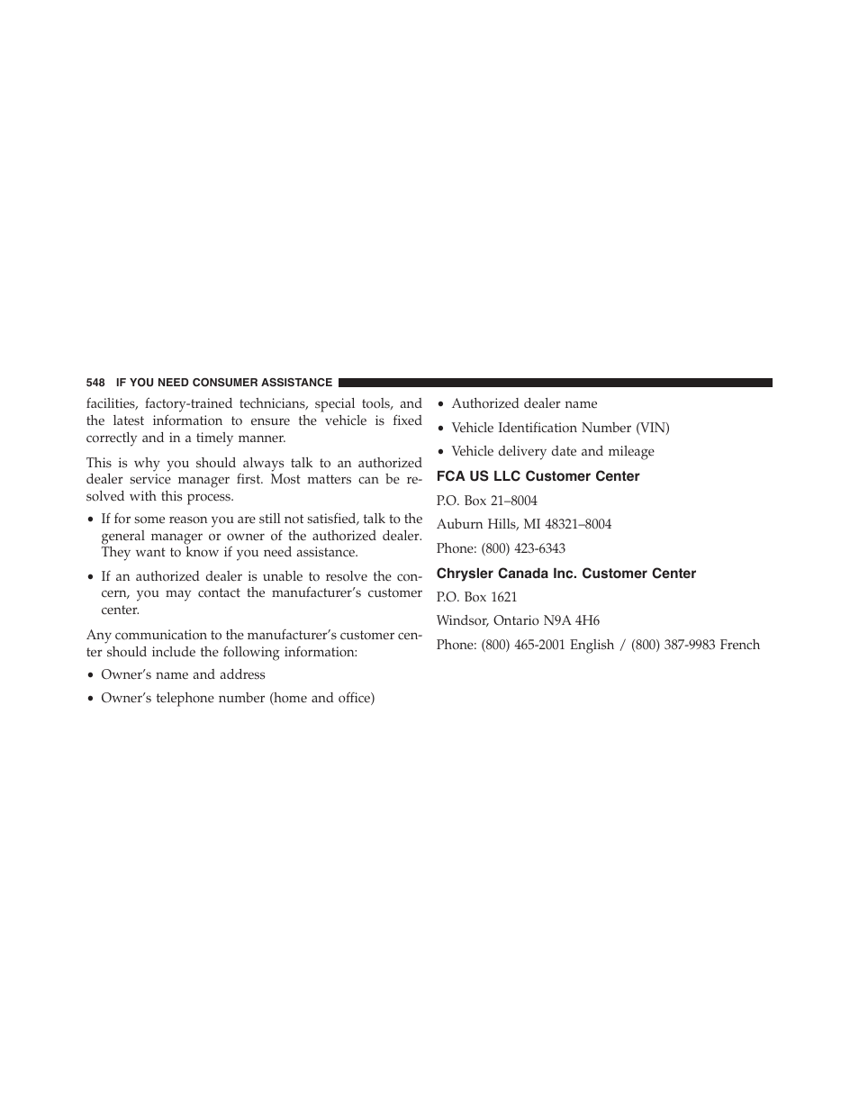Fca us llc customer center, Chrysler canada inc. customer center | Dodge 2015 Challenger-SRT - Owner Manual User Manual | Page 550 / 579