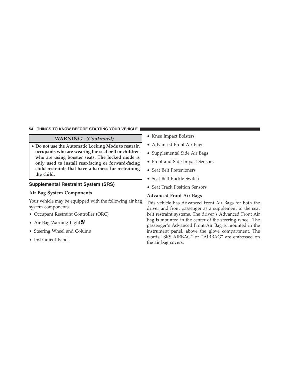 Supplemental restraint system (srs), Air bag system components, Advanced front air bags | Dodge 2015 Challenger-SRT - Owner Manual User Manual | Page 56 / 579