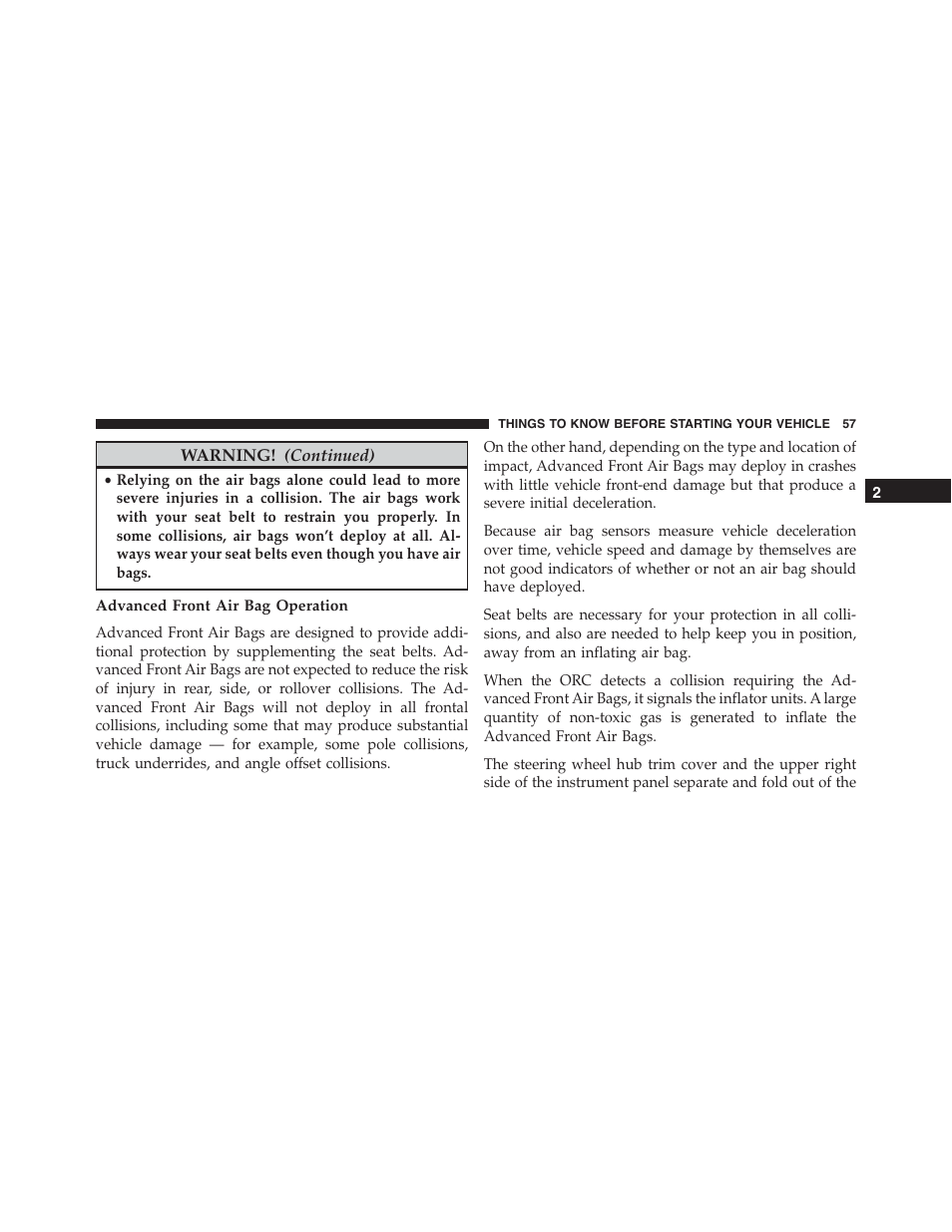 Advanced front air bag operation | Dodge 2015 Challenger-SRT - Owner Manual User Manual | Page 59 / 579