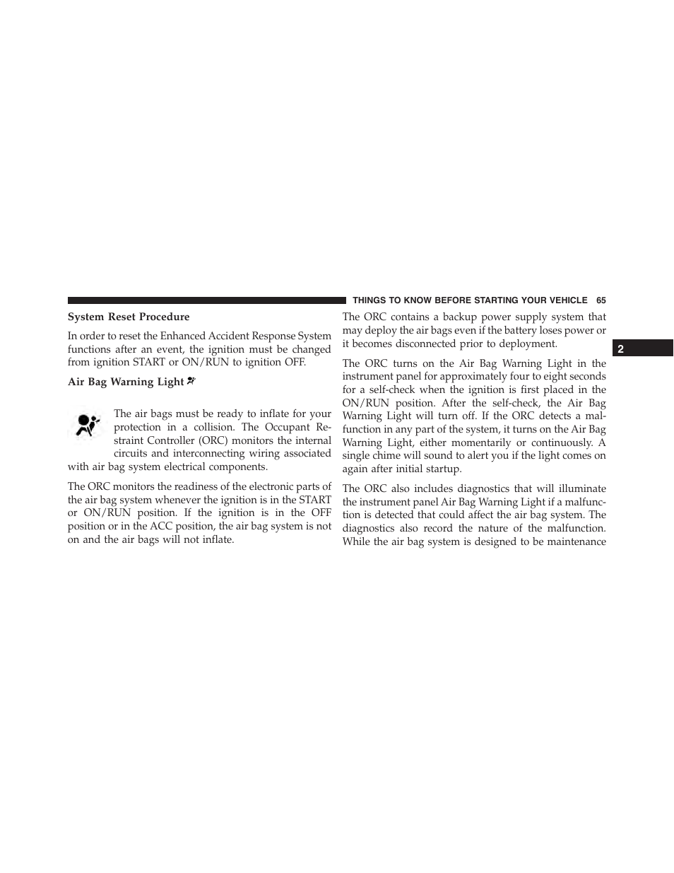System reset procedure, Air bag warning light | Dodge 2015 Challenger-SRT - Owner Manual User Manual | Page 67 / 579
