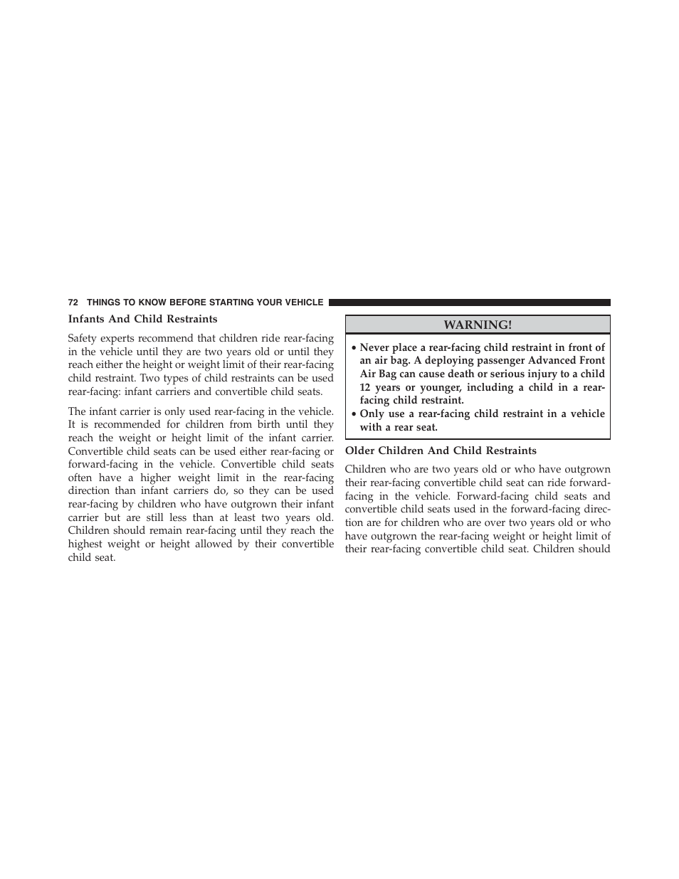 Infants and child restraints, Older children and child restraints | Dodge 2015 Challenger-SRT - Owner Manual User Manual | Page 74 / 579