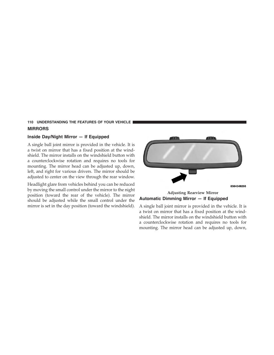 Mirrors, Inside day/night mirror — if equipped, Automatic dimming mirror — if equipped | Dodge 2015 Charger - Owner Manual User Manual | Page 112 / 638