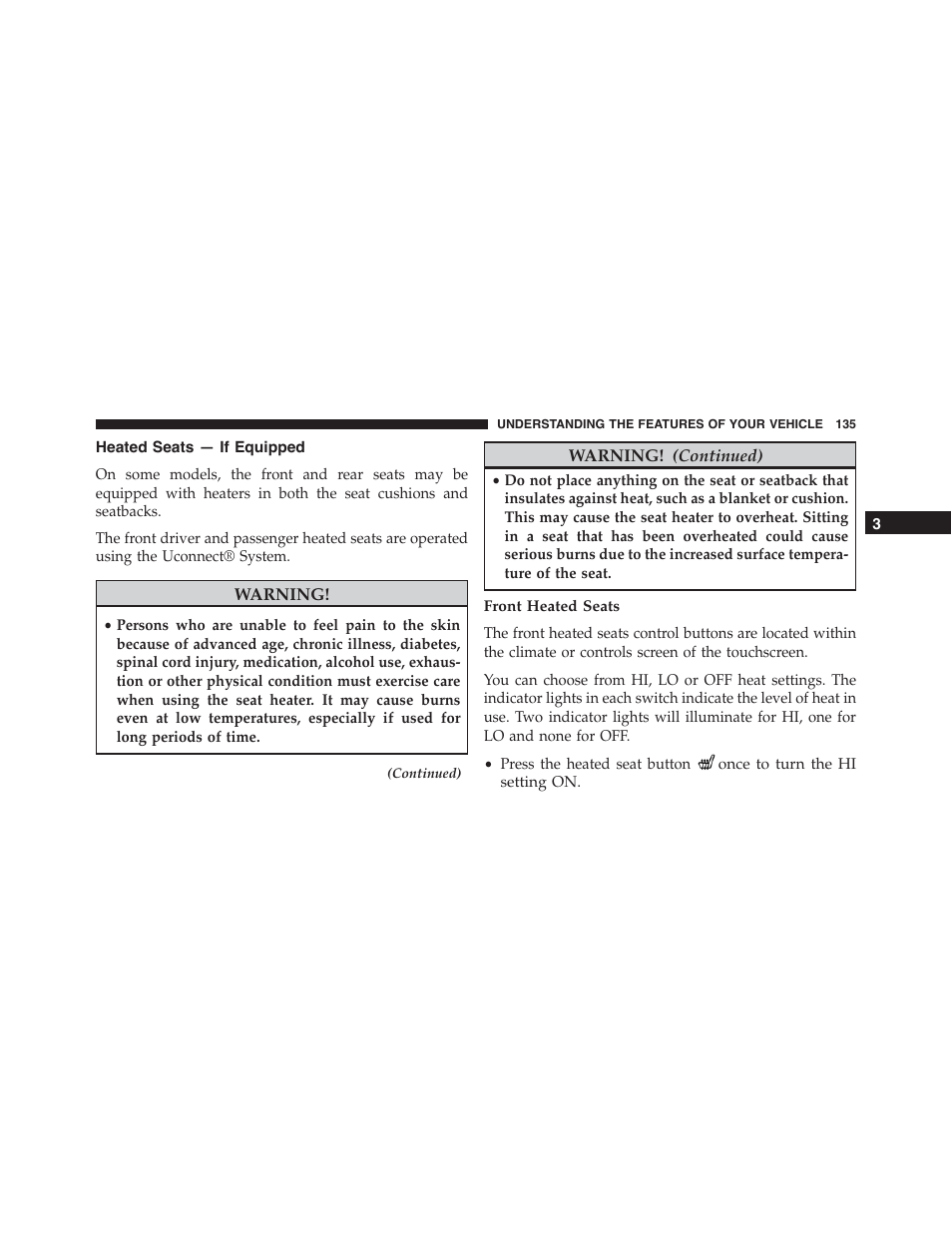 Heated seats — if equipped, Front heated seats | Dodge 2015 Charger - Owner Manual User Manual | Page 137 / 638