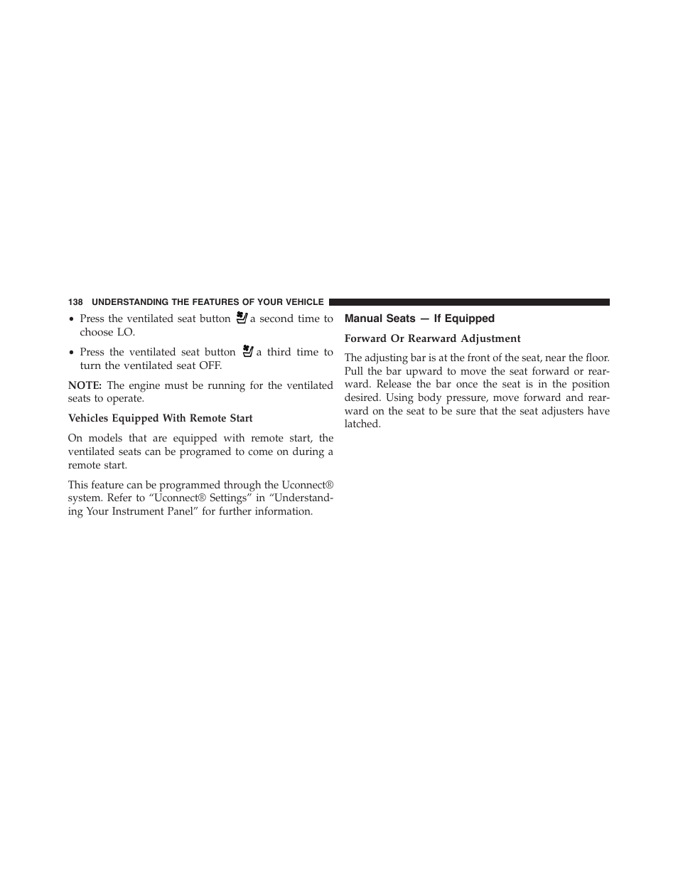 Manual seats — if equipped, Forward or rearward adjustment | Dodge 2015 Charger - Owner Manual User Manual | Page 140 / 638