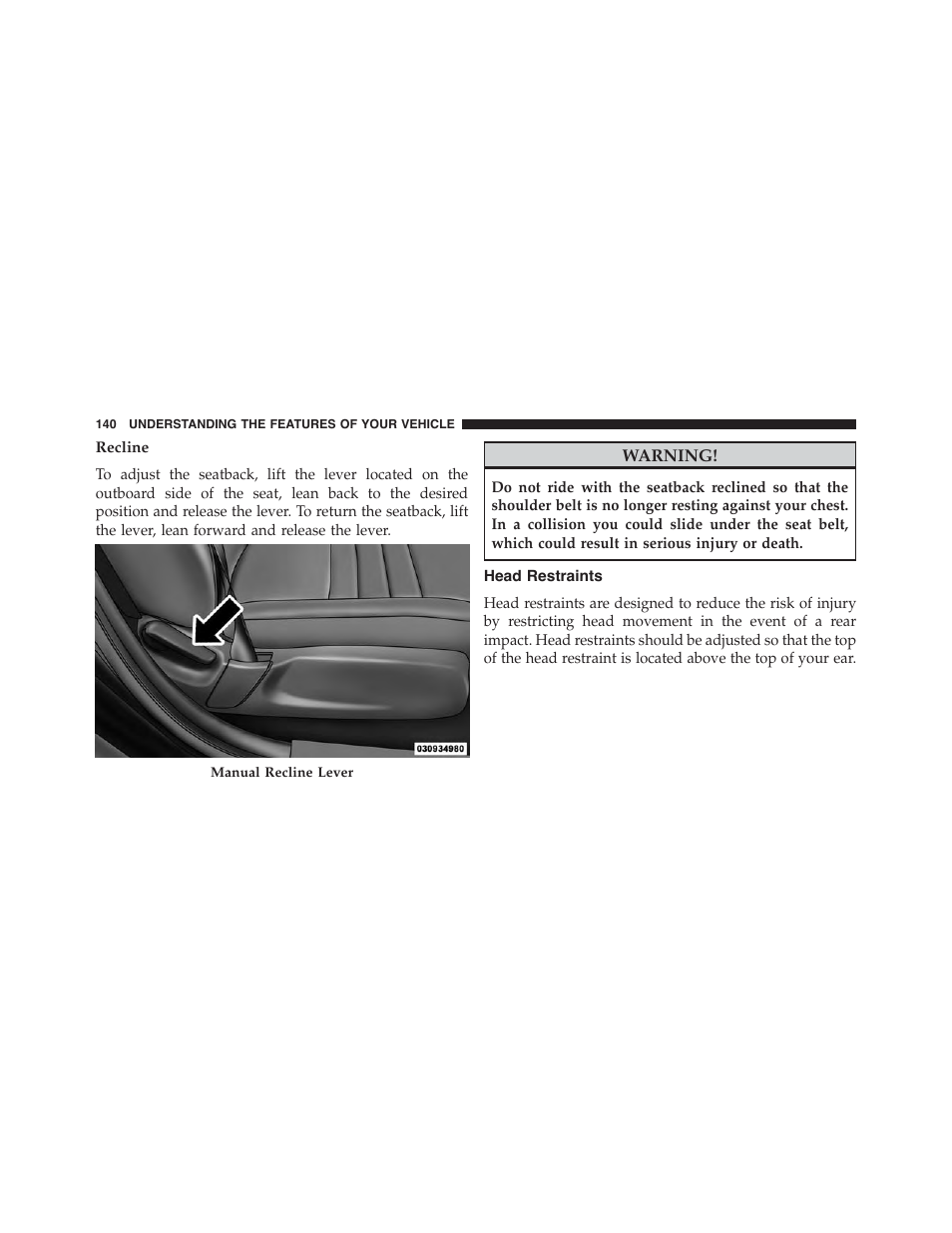 Recline, Head restraints | Dodge 2015 Charger - Owner Manual User Manual | Page 142 / 638