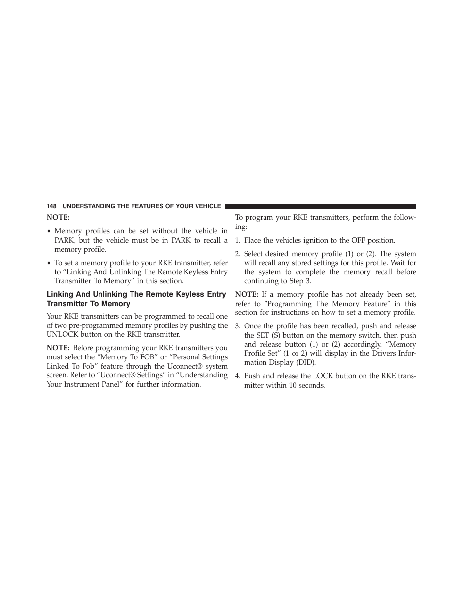 Linking and unlinking the remote keyless entry, Transmitter to memory | Dodge 2015 Charger - Owner Manual User Manual | Page 150 / 638