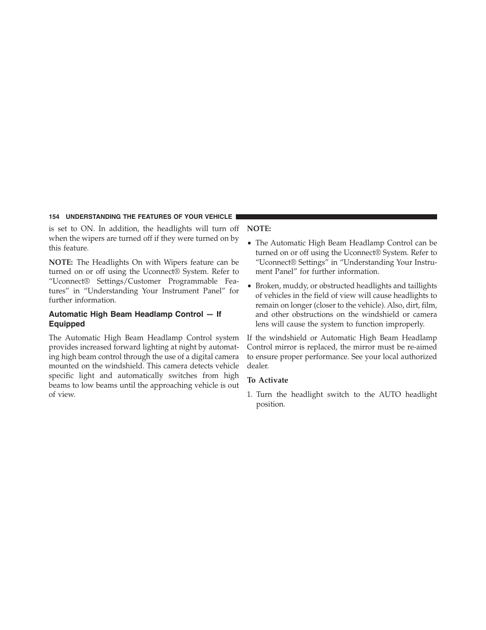 Automatic high beam headlamp control — if equipped, To activate, Automatic high beam headlamp control — if | Equipped | Dodge 2015 Charger - Owner Manual User Manual | Page 156 / 638