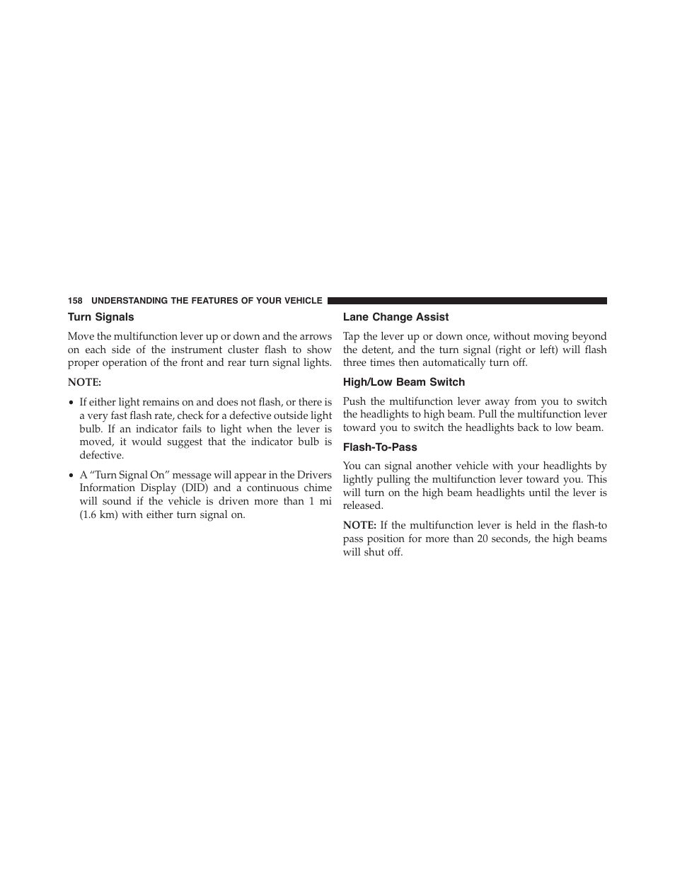 Turn signals, Lane change assist, High/low beam switch | Flash-to-pass | Dodge 2015 Charger - Owner Manual User Manual | Page 160 / 638